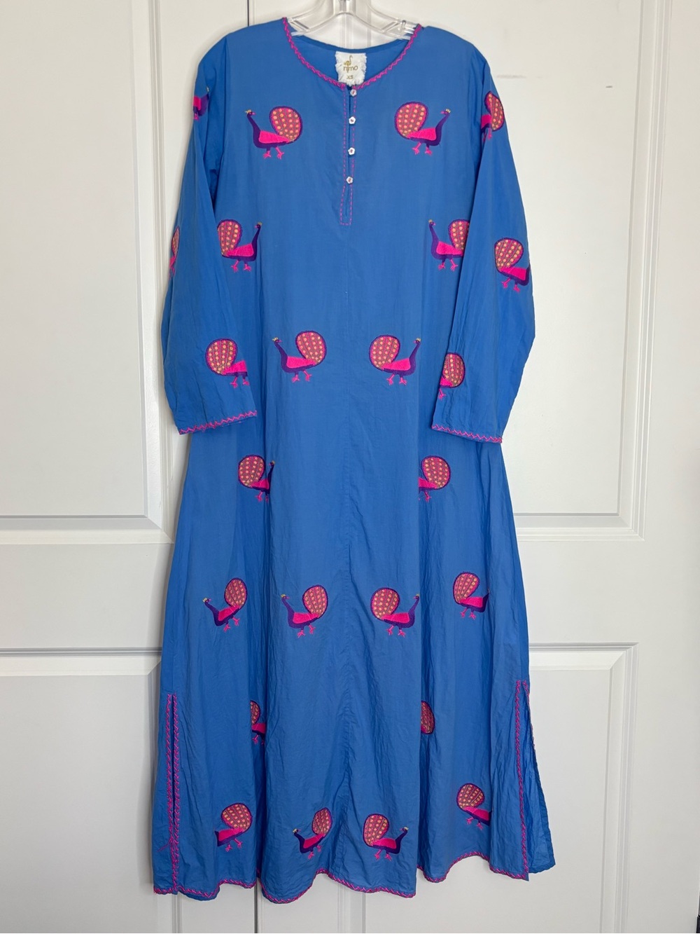 Nimo With Love Azalea Embroidered Peacock Caftan Maxi Dress Blue XS
